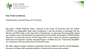 Surat yang dikirim CELIOS ke Russel Group of Universities Inggris agar membatalkan kerja sama pembangunan Universitas Republik Indonesia (Dok. afu.id)