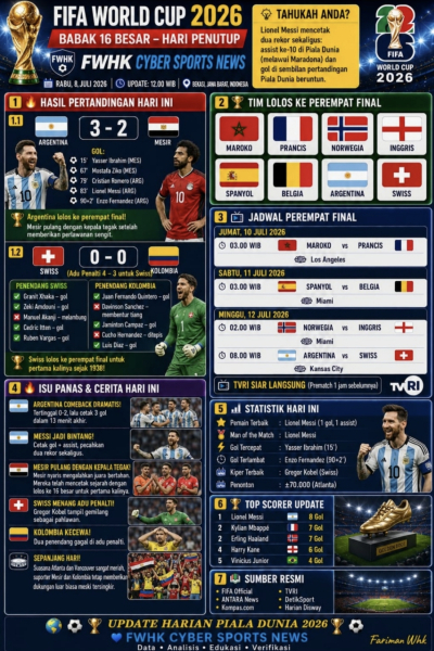 FIFA WORLD CUP 2026: LAPORAN HARIAN – RABU, 8 JULI 2026    BABAK 16 BESAR – HARI PENUTUP