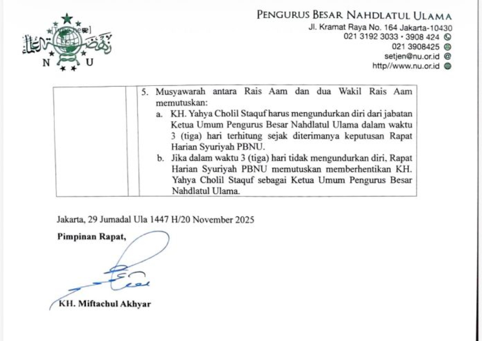 Viral Keputusan Rais Aam dan Wakilnya Minta Ketum PBNU Mundur, Benarkah?