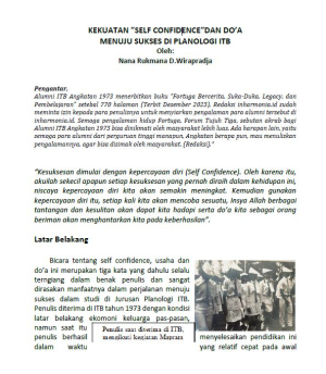 Kekuatan ”Self Confidence” dan Do'a Menuju Sukses di Planologi ITB
