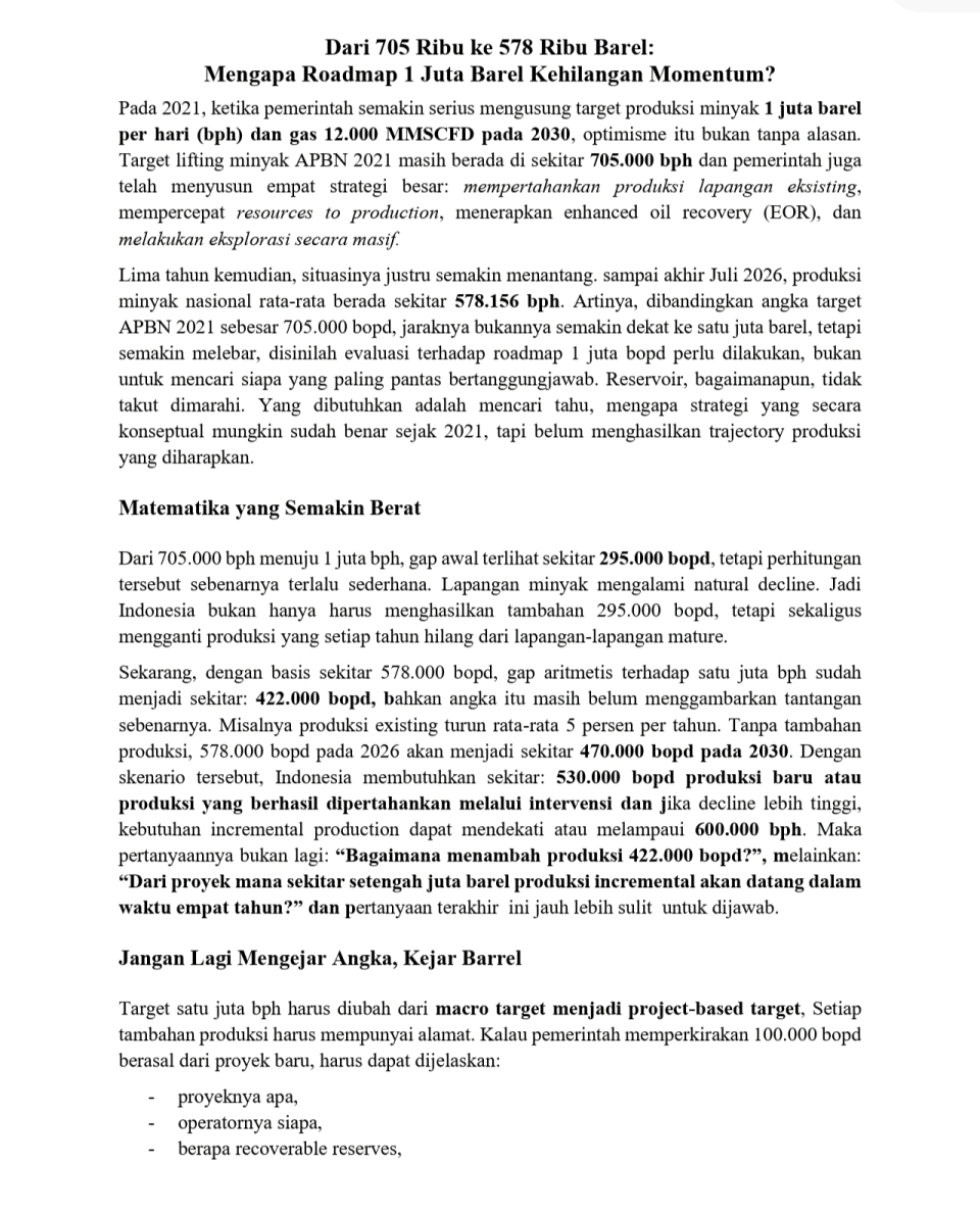 Dari 705 Ribu ke 578 Ribu Barel: Mengapa Roadmap 1 Juta Barel Kehilangan Momentum?