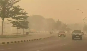 Kabut asap tebal akibat kebakaran hutan dan lahan menyelimuti Kota Palangka Raya, Kalimantan Tengah, Minggu 25 Oktober 2026, seiring memburuknya kualitas udara dan meluasnya kebakaran lahan. 