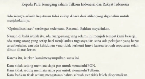 Kutipan surat terbuka yang dikirimkan kelompok pekerja di Grha Merah Putih Telkom (Istimewa)