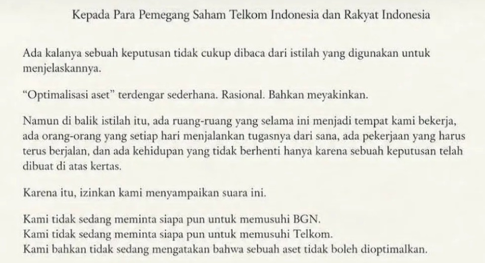 Grha Merah Putih Bakal Jadi Kantor BGN, Pekerja di Gedung Telkom Kirim Surat Terbuka